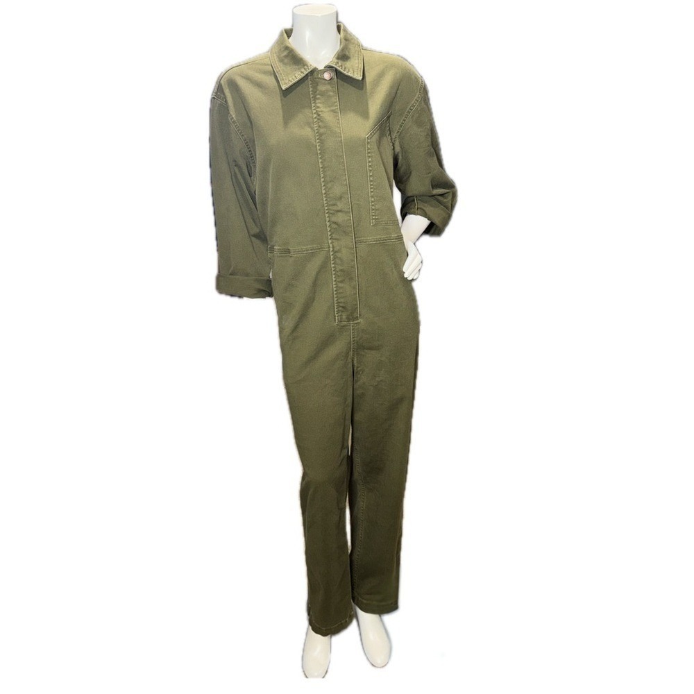 👖🌿 HAPPY‎ NATURE by Kate Hudson Olive Utility Denim Jumpsuit Belted, L (12/14)